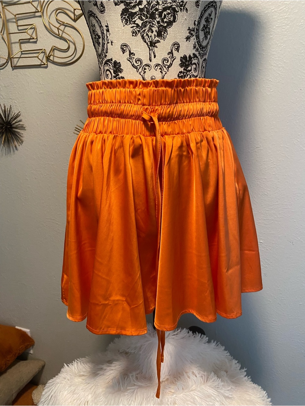 Vibrant Orange Drawstring Satin Mini Skort
